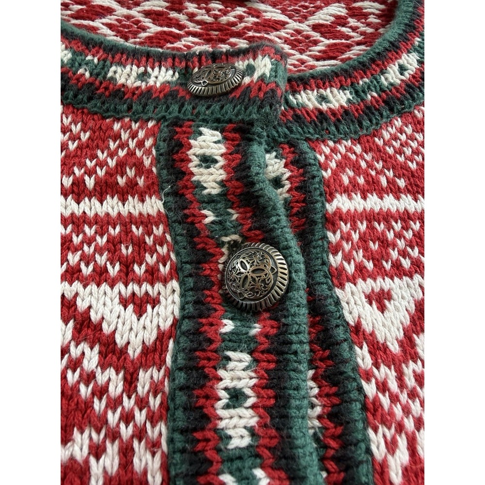 LL‎ Bean Womens Sweater L XL Red Fair Isle Nordic 1/4 Button Cotton Heavy - Picture 4 of 10